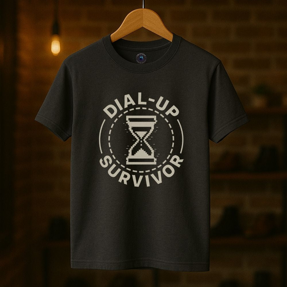 Charcoal gray T-shirt with Dial-Up Survivor retro digital hourglass graphic, minimalist unisex tee