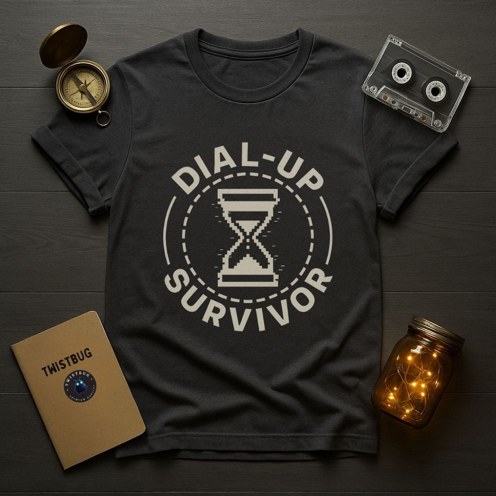 Dark gray Dial-Up Survivor T-shirt featuring pixel hourglass graphic, flat lay lifestyle mockup