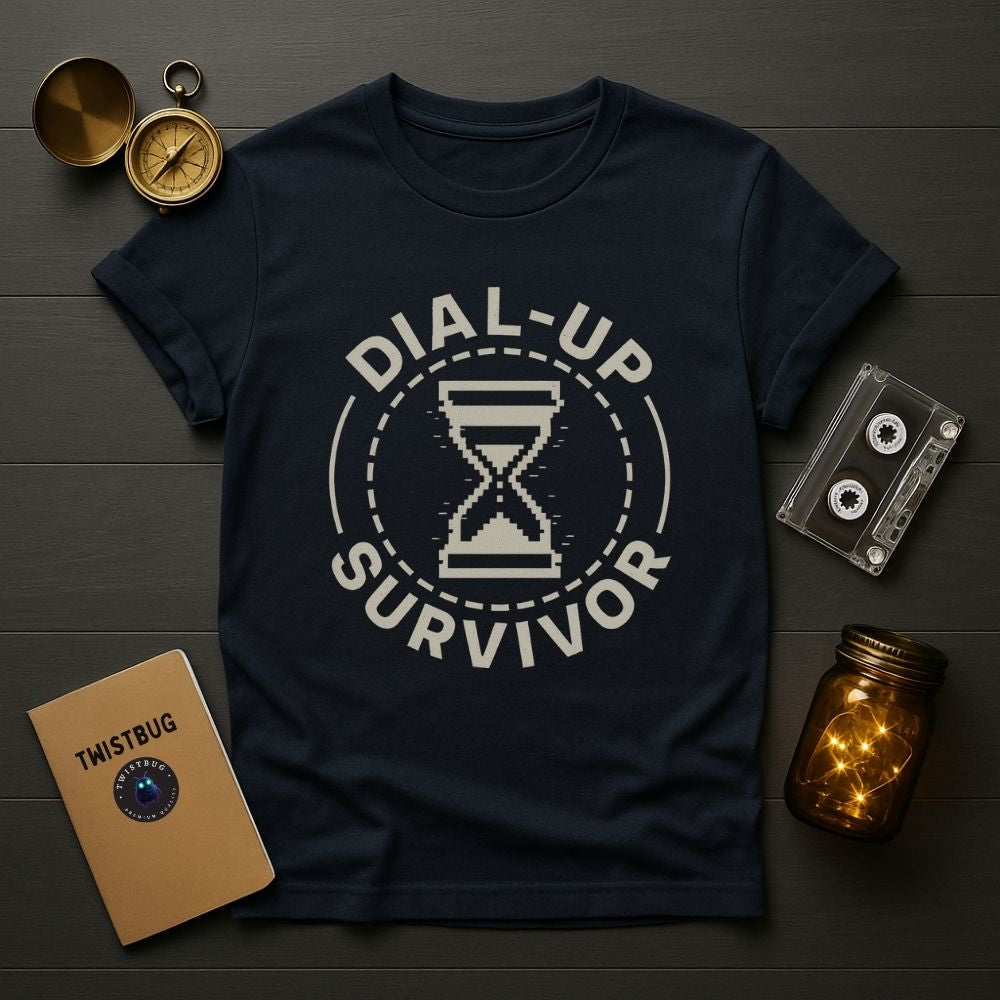 Navy Dial-Up Survivor graphic T-shirt flat lay with analog props, nostalgic internet culture design