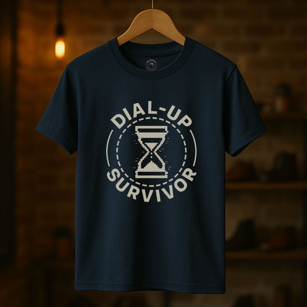Navy blue unisex T-shirt displaying Dial-Up Survivor pixel hourglass design inspired by early internet culture