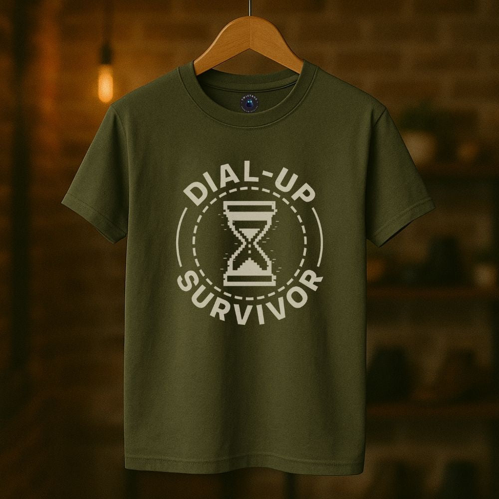 Military green T-shirt with Dial-Up Survivor vintage internet hourglass print, unisex graphic tee