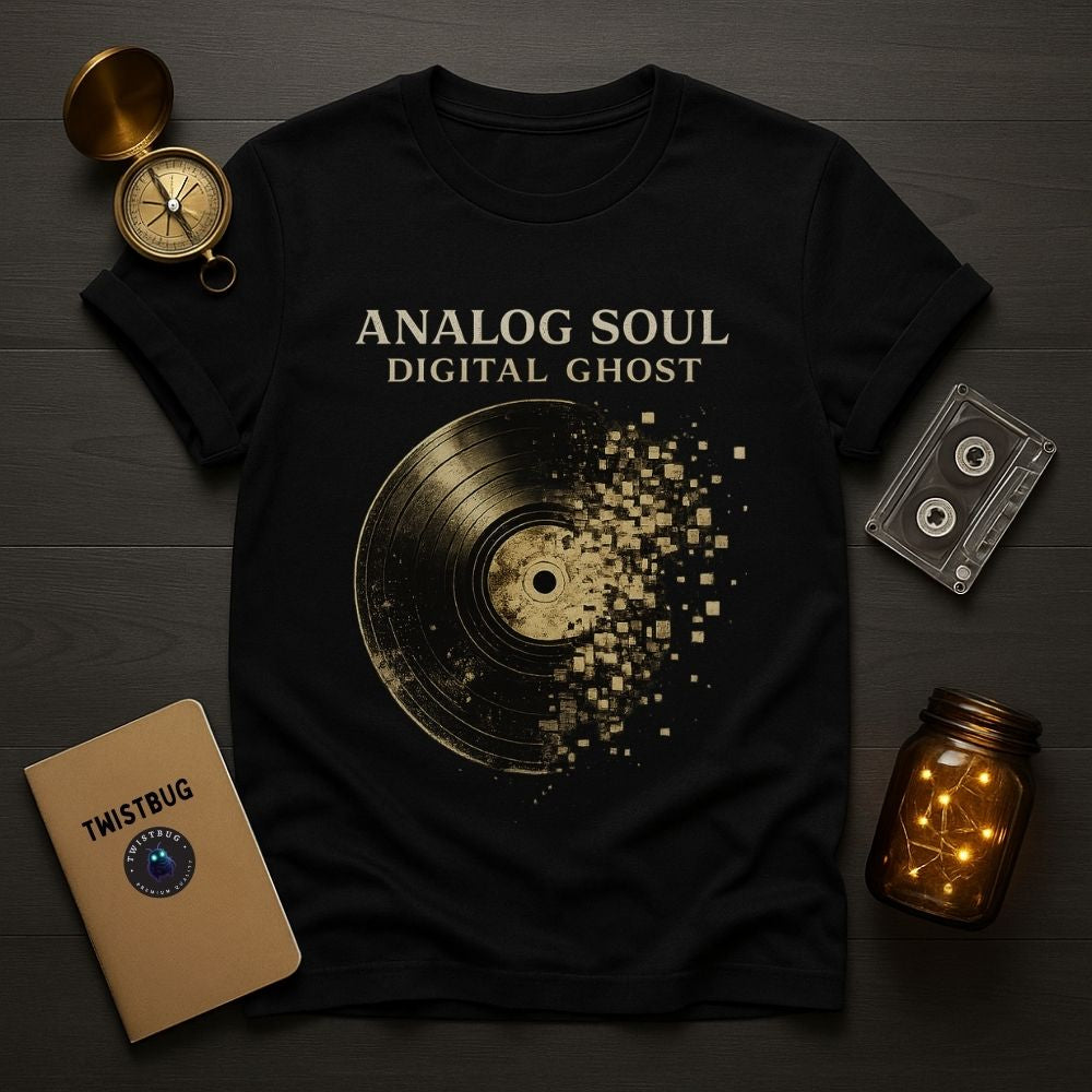 Black t-shirt with vinyl record design and text 'Analog Soul Digital Ghost' on a wooden surface with vintage items.