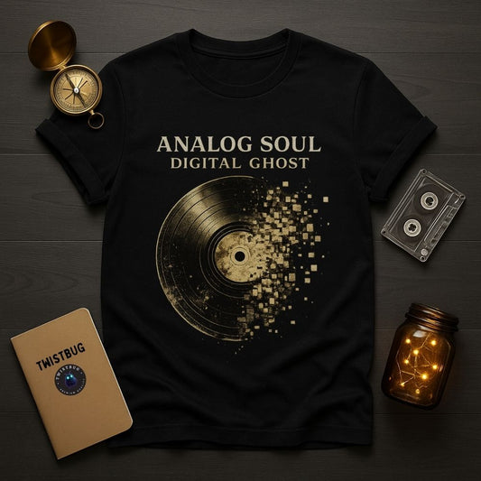 Black t-shirt with vinyl record design and text 'Analog Soul Digital Ghost' on a wooden surface with vintage items.