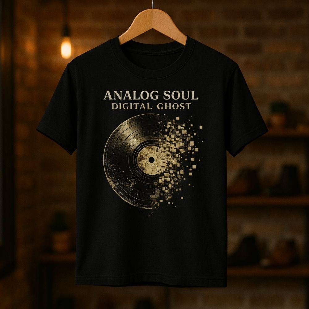 Black t-shirt with vinyl record design and text 'Analog Soul Digital Ghost' on a wooden hanger against a dark background.