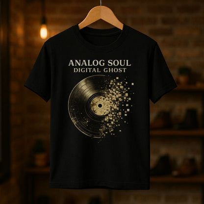 Black t-shirt with vinyl record design and text 'Analog Soul Digital Ghost' on a wooden hanger against a dark background.