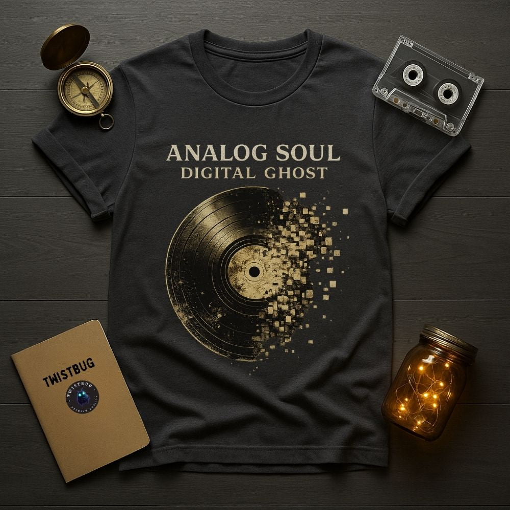 Black t-shirt with vinyl record design and text 'Analog Soul Digital Ghost' on a wooden surface with vintage items.