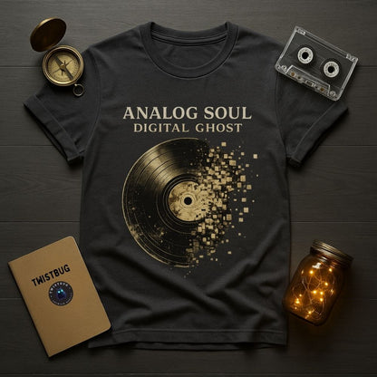 Black t-shirt with vinyl record design and text 'Analog Soul Digital Ghost' on a wooden surface with vintage items.
