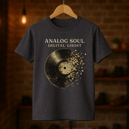 Gray t-shirt with vinyl record design and text 'Analog Soul Digital Ghost' on a wooden hanger against a brick wall.