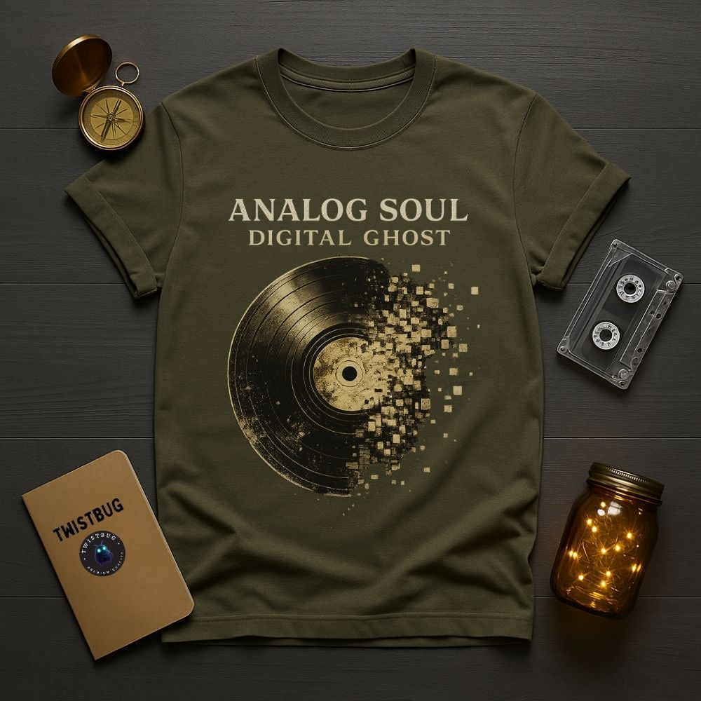 Green t-shirt with vinyl record design and text on a wooden surface with vintage items.