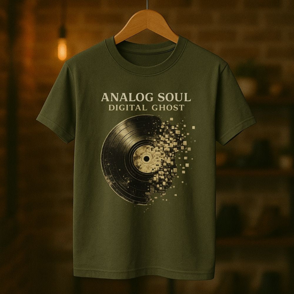 Green t-shirt with vinyl record design and text 'Analog Soul Digital Ghost' on a wooden hanger against a blurred background.