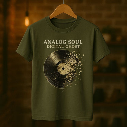 Green t-shirt with vinyl record design and text 'Analog Soul Digital Ghost' on a wooden hanger against a blurred background.
