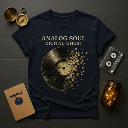 Navy blue t-shirt with vinyl record design and text on a wooden surface with vintage items.