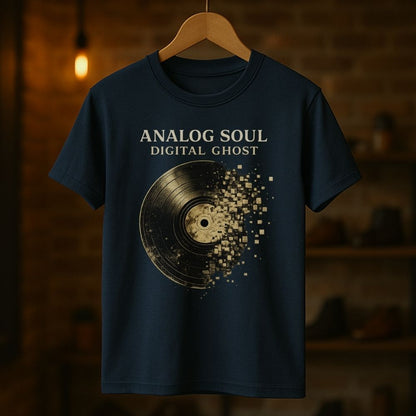 Navy blue t-shirt with vinyl record design and text 'Analog Soul Digital Ghost' on a wooden hanger against a dark background.