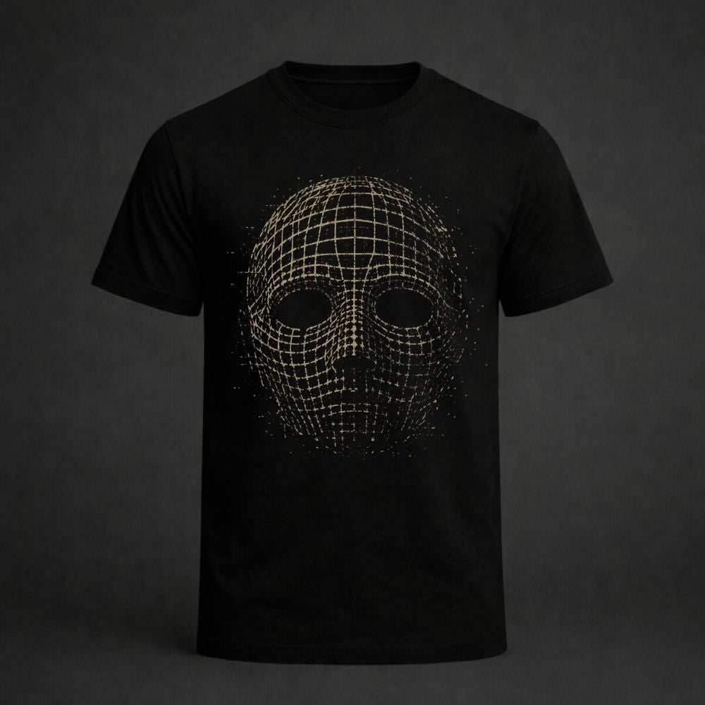 A black short-sleeve crewneck t-shirt featuring a central graphic of a wireframe digital mask, displayed against a dark gray studio background.