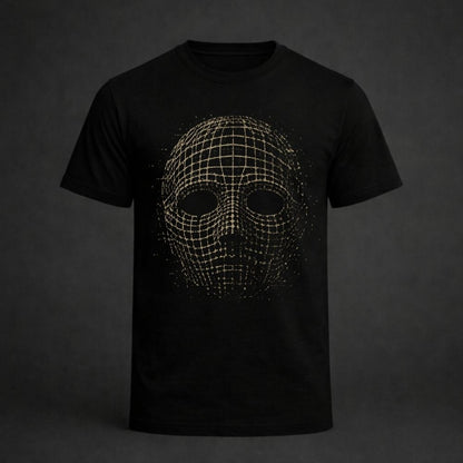 A black short-sleeve crewneck t-shirt featuring a central graphic of a wireframe digital mask, displayed against a dark gray studio background.