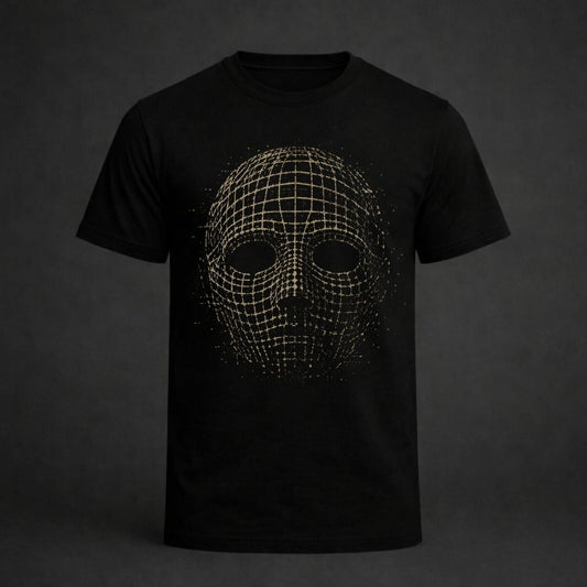 A black short-sleeve crewneck t-shirt featuring a central graphic of a wireframe digital mask, displayed against a dark gray studio background.