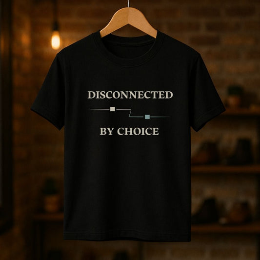 Black t-shirt with 'DISCONNECTED BY CHOICE' text on a wooden hanger against a dark background.