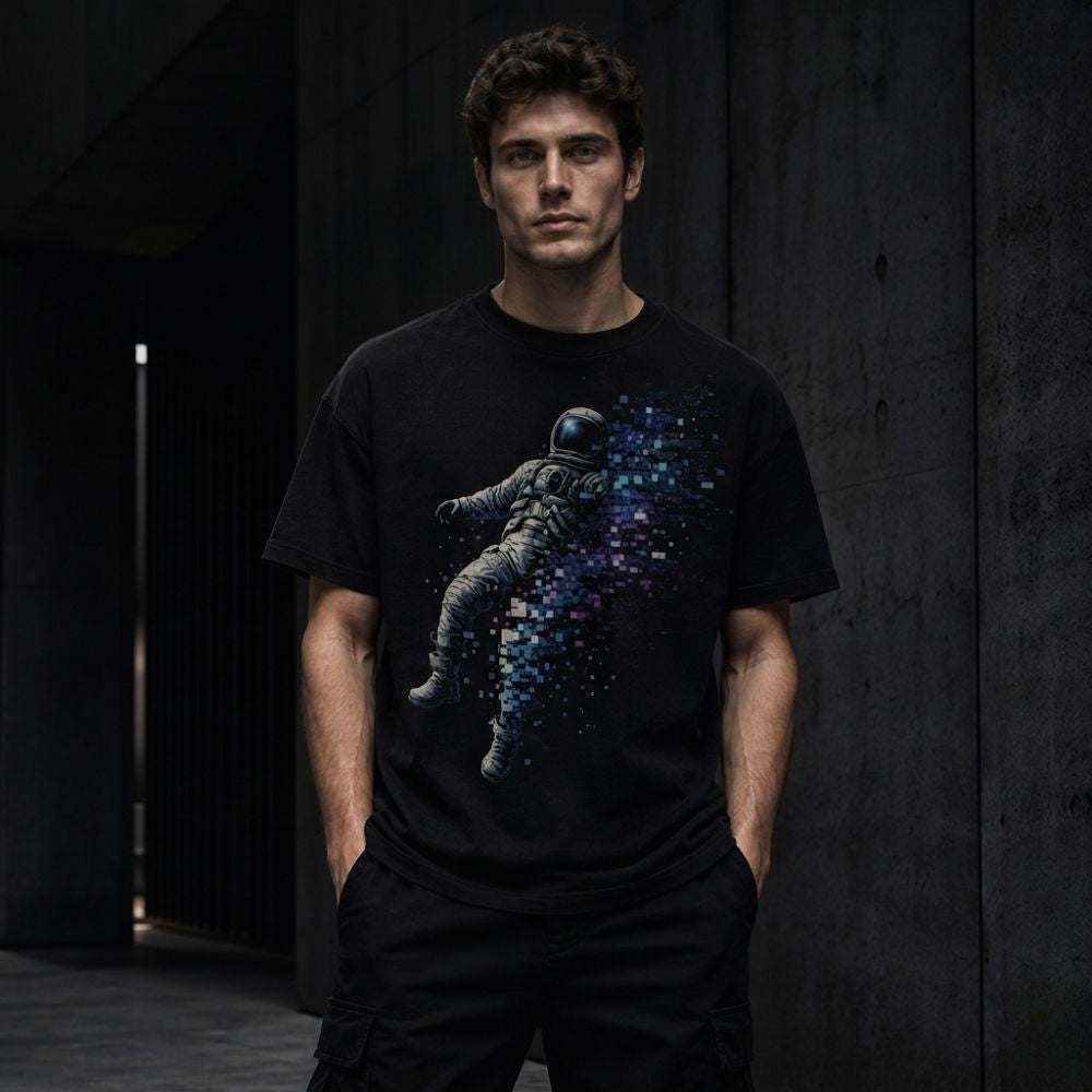 Person wearing a black t-shirt with an astronaut graphic against a dark background