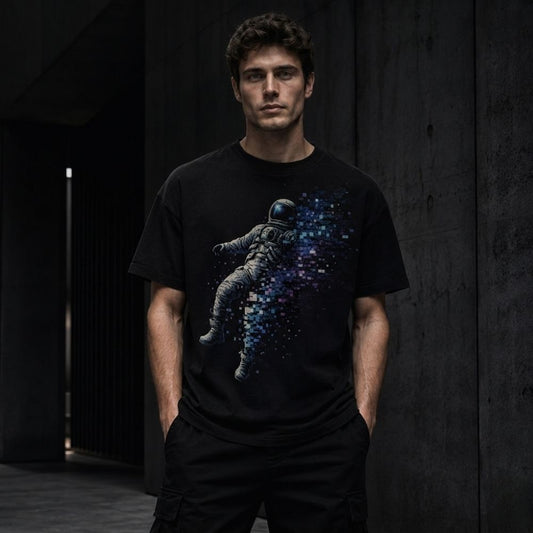 Person wearing a black t-shirt with an astronaut graphic against a dark background