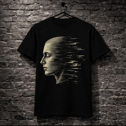 Black t-shirt with a graphic design of a face on a brick wall background