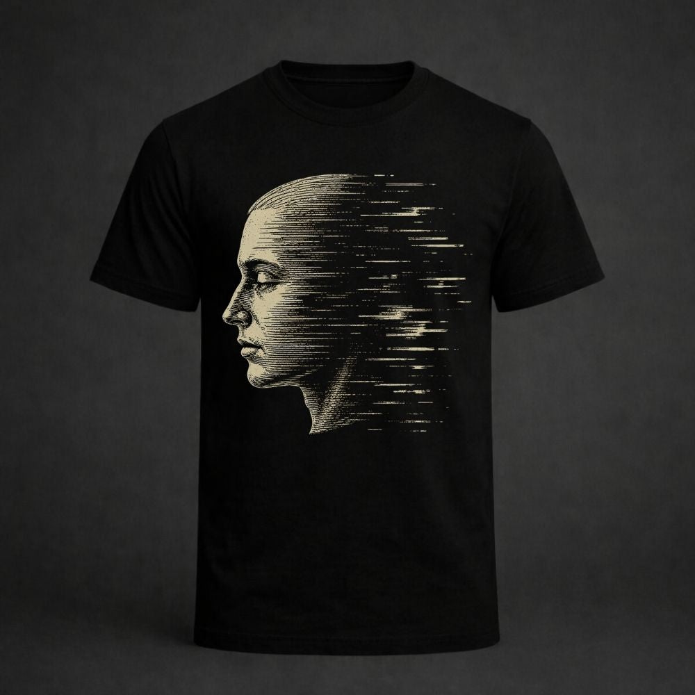 Black t-shirt with a graphic design of a face on a dark background