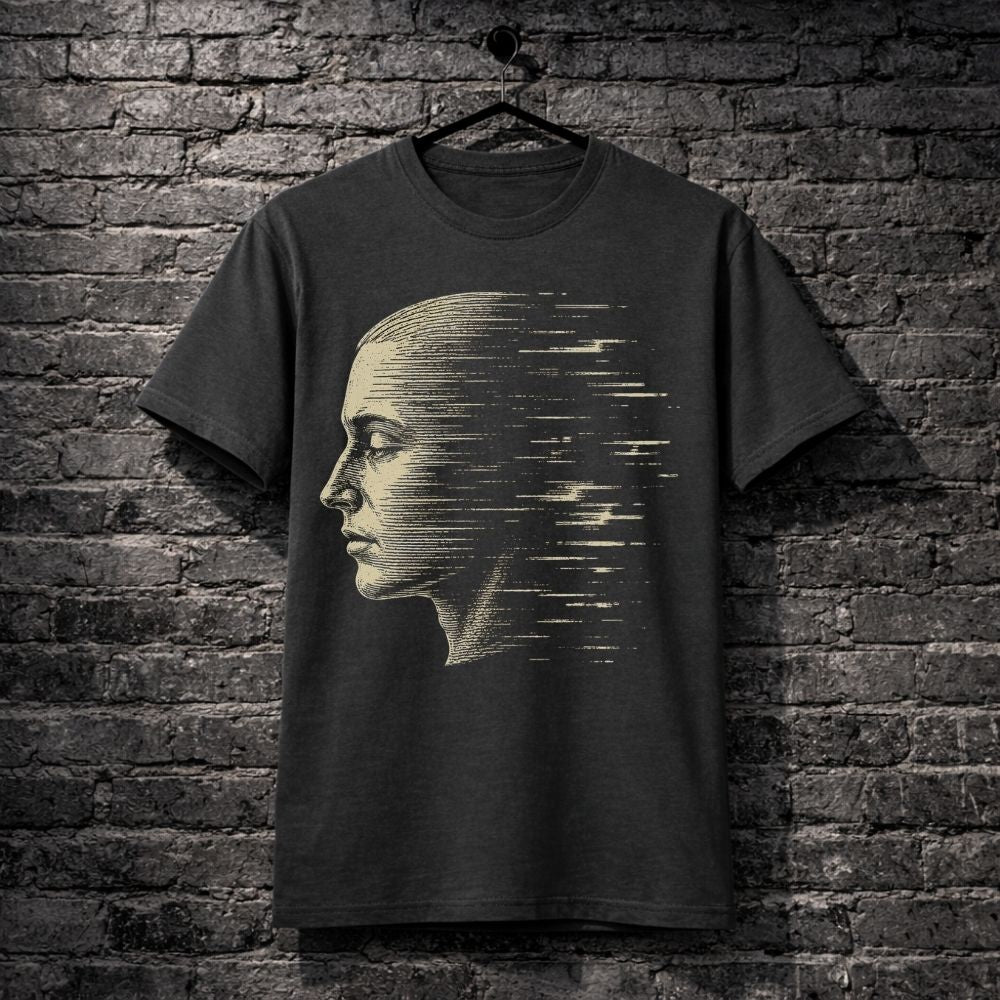 Black t-shirt with a graphic design of a face on a brick wall background