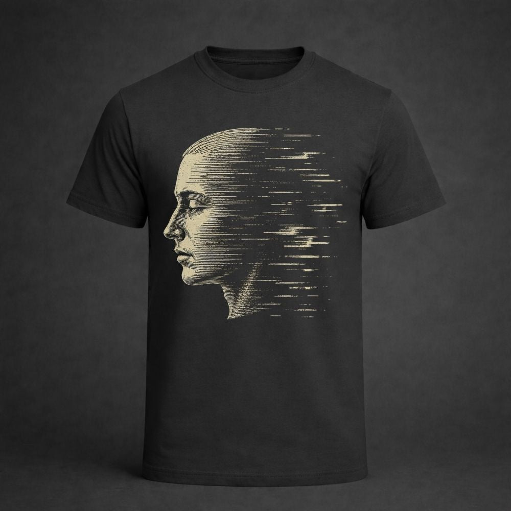 Black t-shirt with a graphic of a face on a dark background