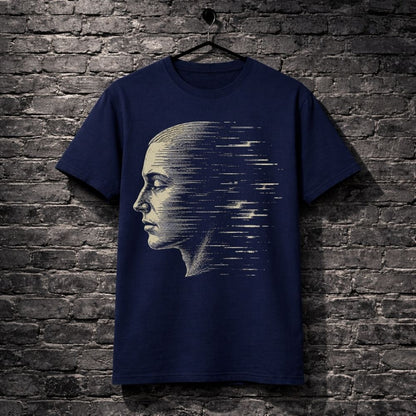 Navy blue t-shirt with a graphic design of a face on a brick wall background