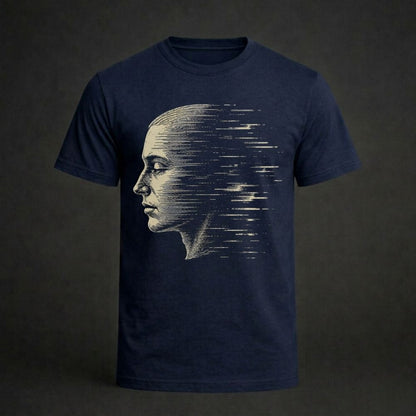Navy blue t-shirt with a graphic of a face on a dark background