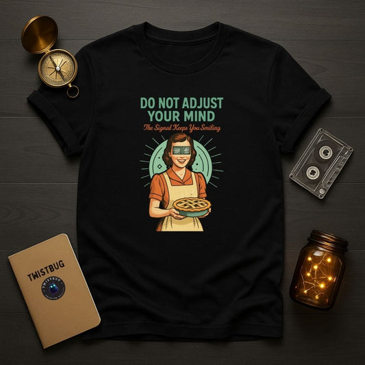 Black T-shirt with retro housewife holding a pie, eyes covered in static, text “Do Not Adjust Your Mind – The Signal Keeps You Smiling” — Twistbug weirdcore design.