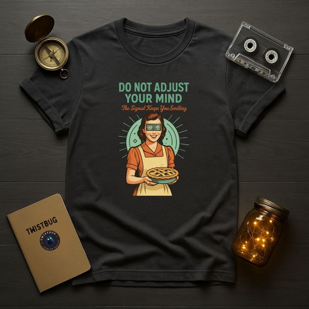 Charcoal T-shirt showing a woman with static blindfold and pie — surreal analog design by Twistbug.