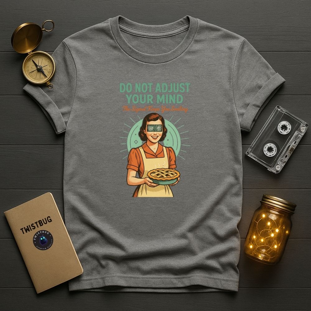 Gray T-shirt featuring dystopian retro illustration with glitch eyes — “Do Not Adjust Your Mind” artwork by Twistbug.