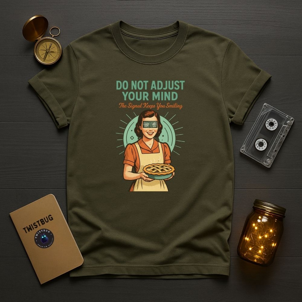 Military green T-shirt with mid-century surreal housewife holding pie under static signal effect — retro-futuristic weirdcore tee by Twistbug.