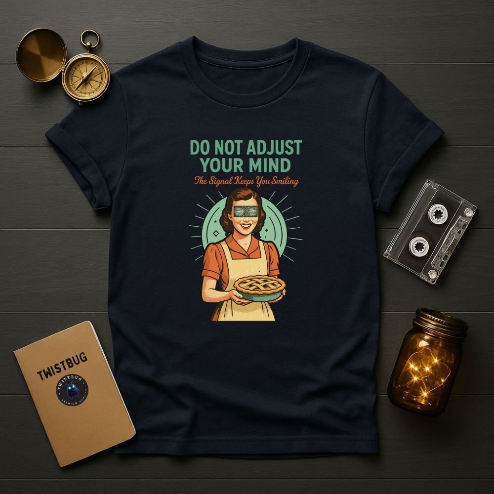 Navy T-shirt featuring “Do Not Adjust Your Mind” Retro graphic — surreal analog aesthetic by Twistbug.