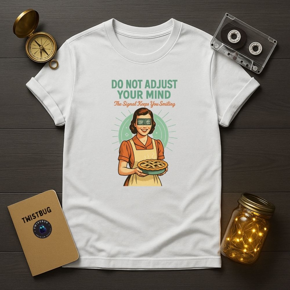 White T-shirt with vintage surreal housewife graphic and teal-orange typography “Do Not Adjust Your Mind” — retro weirdcore apparel by Twistbug.
