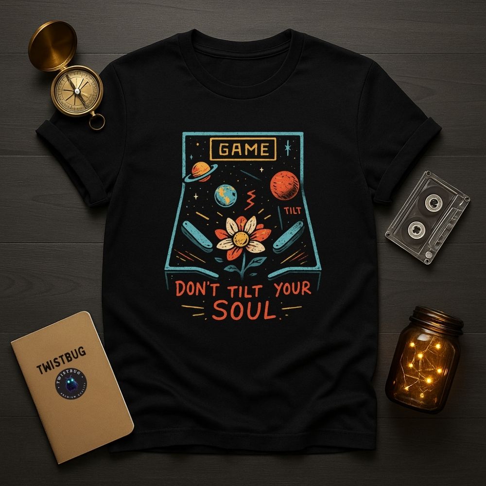 Black T-shirt featuring cosmic pinball design with planets and a flower, text reads “Don’t Tilt Your Soul” — Twistbug retro graphic tee.