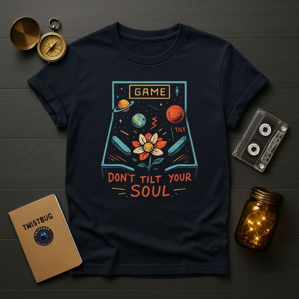 Navy T-shirt with vintage-style space pinball artwork and orange lettering “Don’t Tilt Your Soul,” cosmic weirdcore aesthetic — Twistbug.