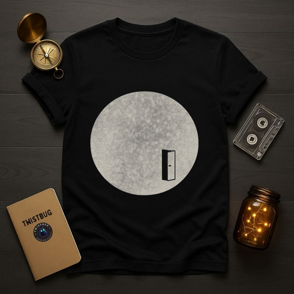 Black t-shirt with a circular design on a wooden surface with decorative items.