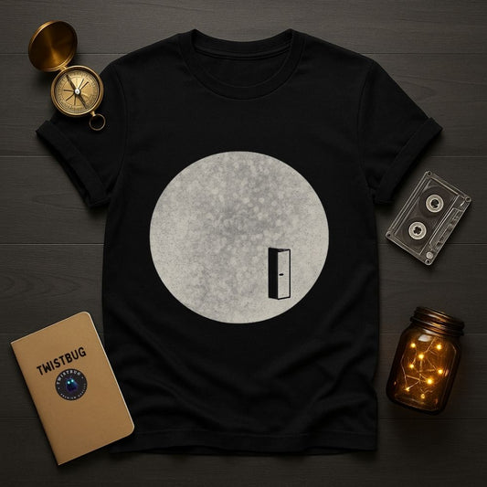 Black t-shirt with a circular design on a wooden surface with decorative items.