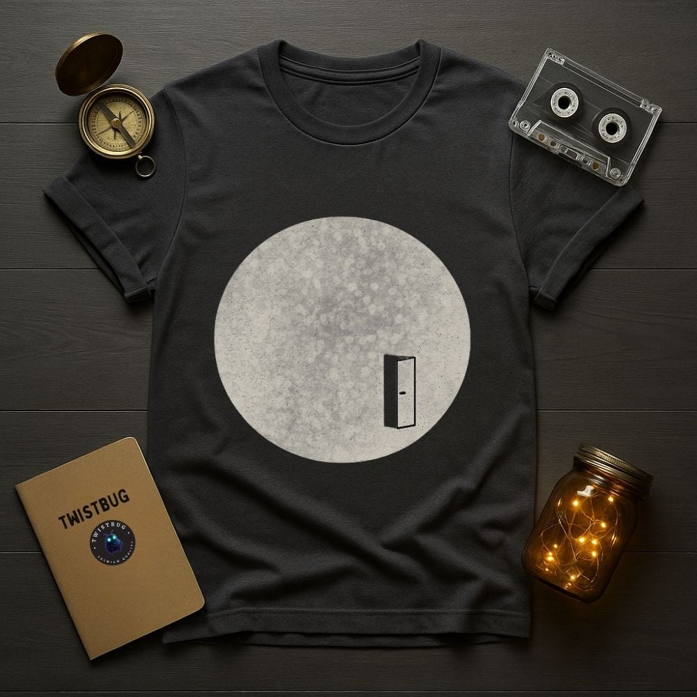 Black t-shirt with a circular design on a wooden surface with a compass, cassette tape, and jar.