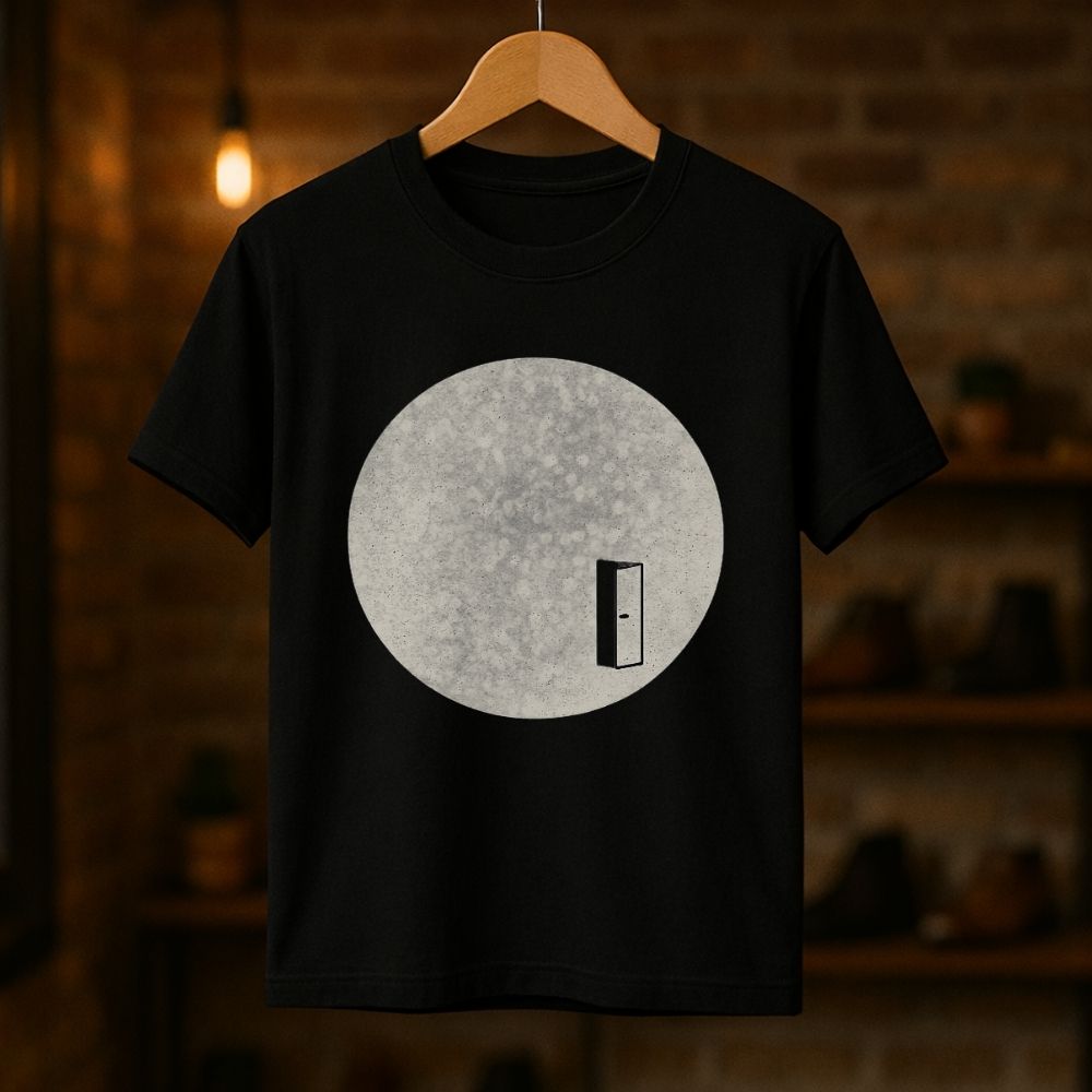Black t-shirt with a white circle design featuring a door on a wooden hanger against a dark background.