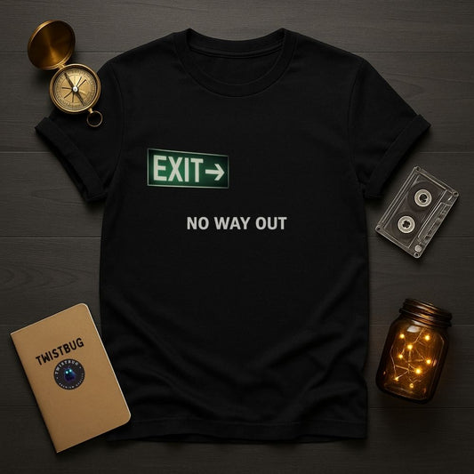 Black t-shirt with 'EXIT NO WAY OUT' text on a wooden surface with decorative items.