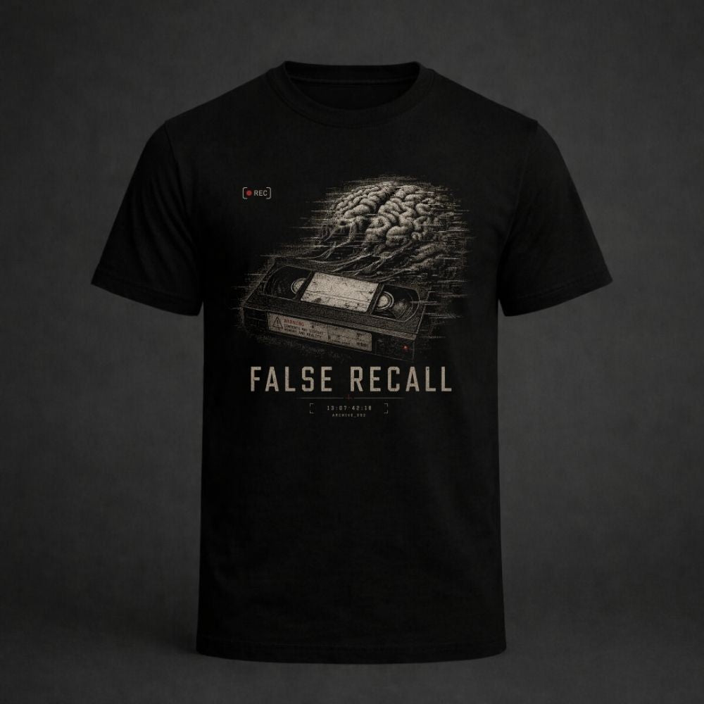 Black t-shirt with 'False Recall' graphic design on a dark background