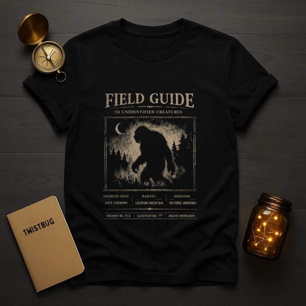 Field Guide to Unidentified Creatures cryptid folklore graphic T-shirt on black
