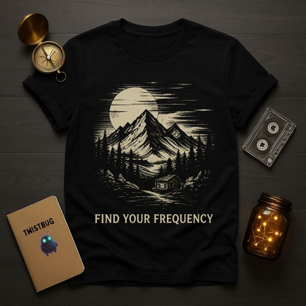 Black t-shirt with mountain graphic and 'Find Your Frequency' text, placed on a wooden surface with decorative items.