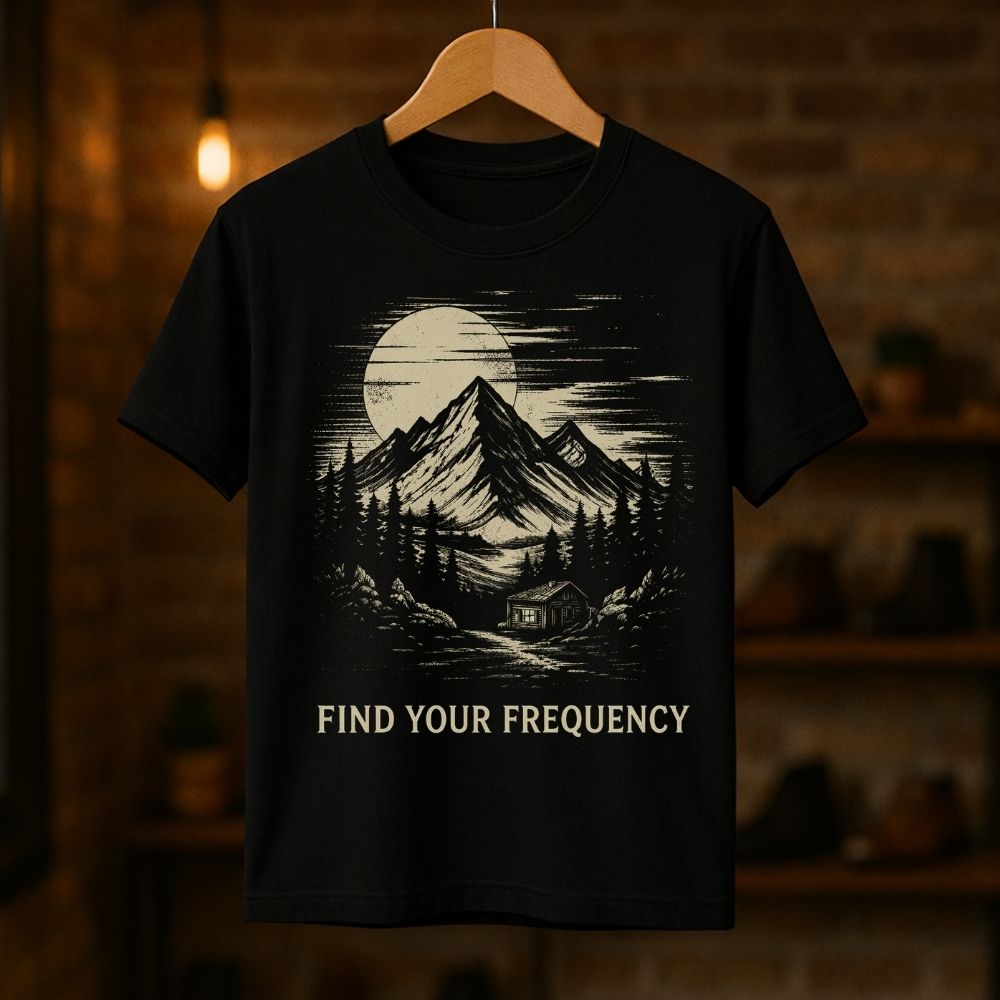 Black t-shirt with mountain and moon design on a hanger against a dark background