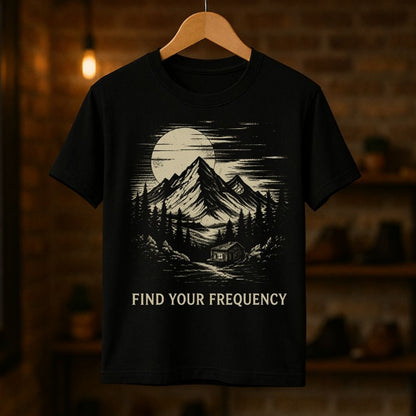 Black t-shirt with mountain and moon design on a hanger against a dark background