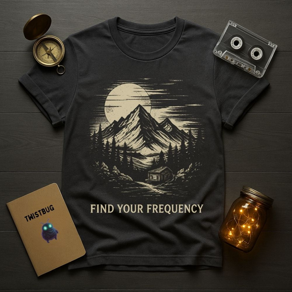Black t-shirt with mountain graphic and 'Find Your Frequency' text, placed on a wooden surface with a compass, cassette tape, and jar.
