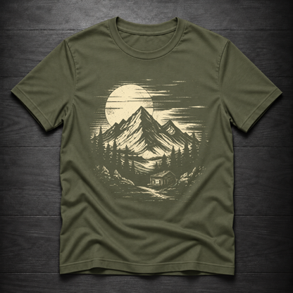 An olive green short-sleeve t-shirt with a vintage-style graphic print of a mountain landscape under a full moon, laid flat on a dark wood background.