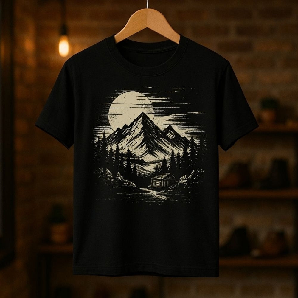 A black short-sleeve t-shirt hanging on a wooden hanger against a warm, blurred brick wall background. The t-shirt features a detailed black and off-white graphic print of a mountain landscape at night with a full moon, pine trees, and a cabin.
